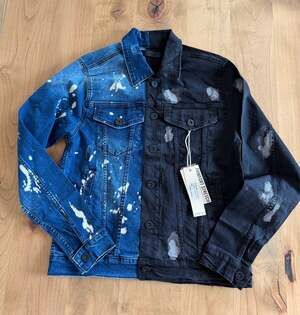 KDNK Two-Tone Split Blue and Black Paint Splatter Denim Jacket